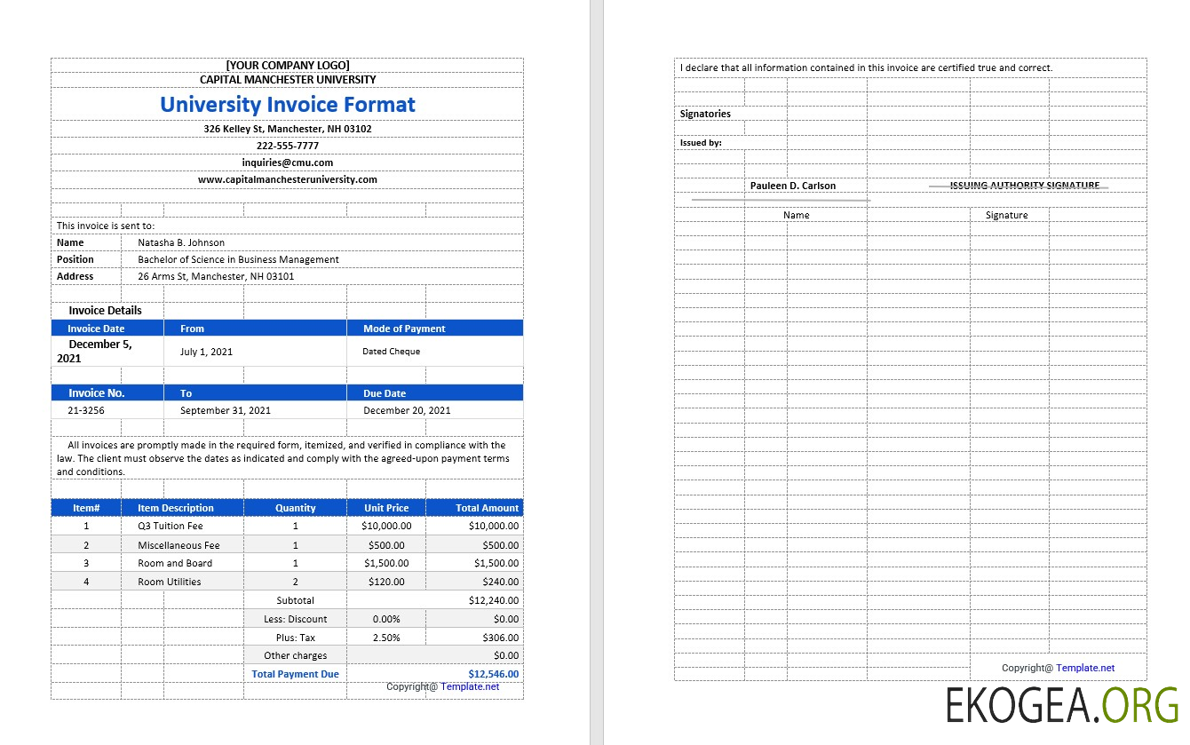 Exemple de modèle de facture universitaire